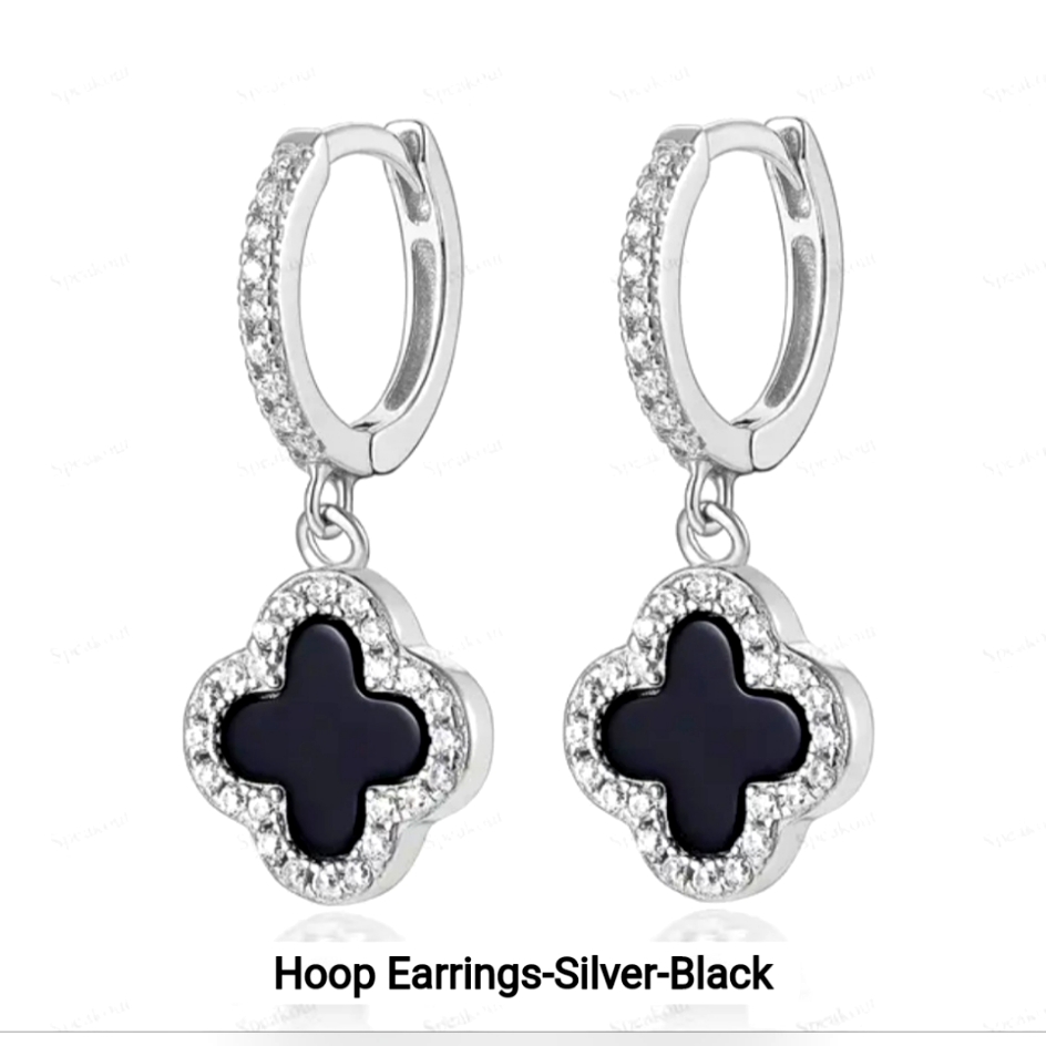Vintage Brand Design Luck Black Color Earrings Clover Charms.925 Sterling Silver